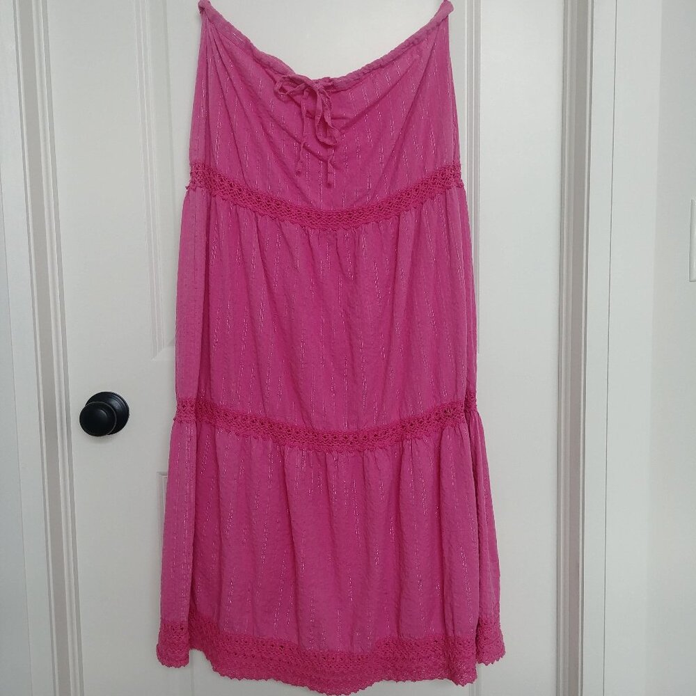 Y2K Roxy strapless cotton bright pink lace tiered midi dress metallic Me…